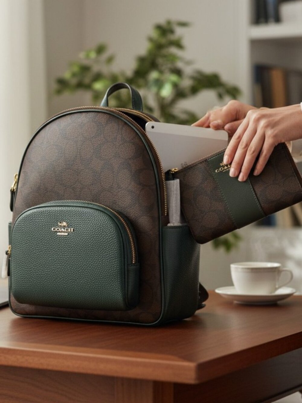 Coach Court Backpack Signature Canvas Brown, Emerald Green Leather w/ wristlet